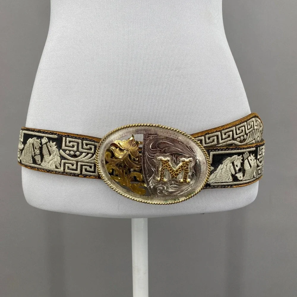 Vintage Piteado Leather Horse Belt Mens 34 Mexico 